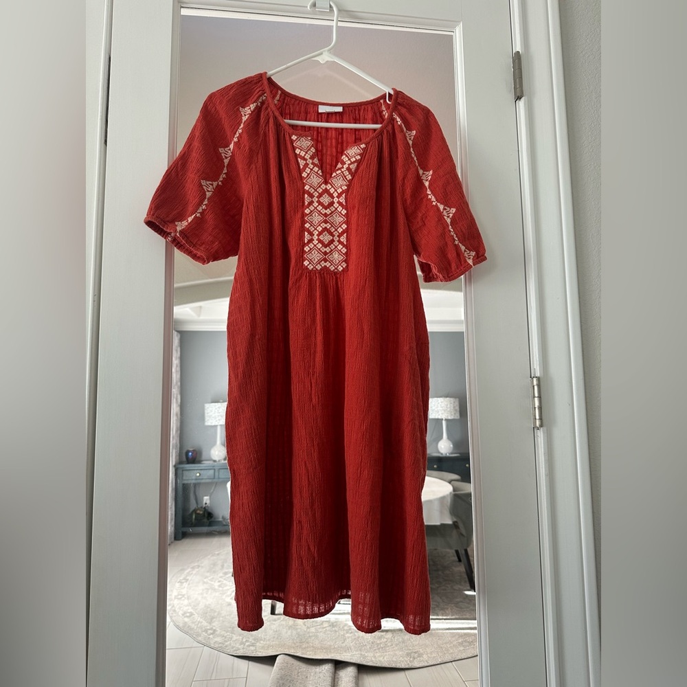 Jill Orange Rust Midi Dress with White Embroidery | Medium Petite | Pockets!
